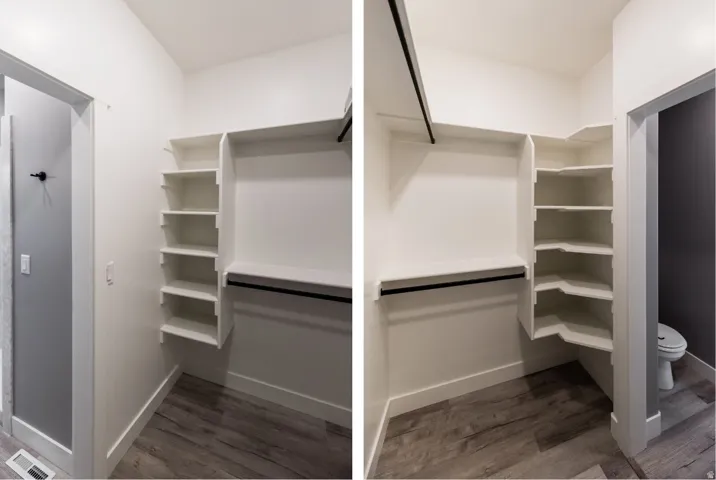 Walk in closet with dark wood-style flooring