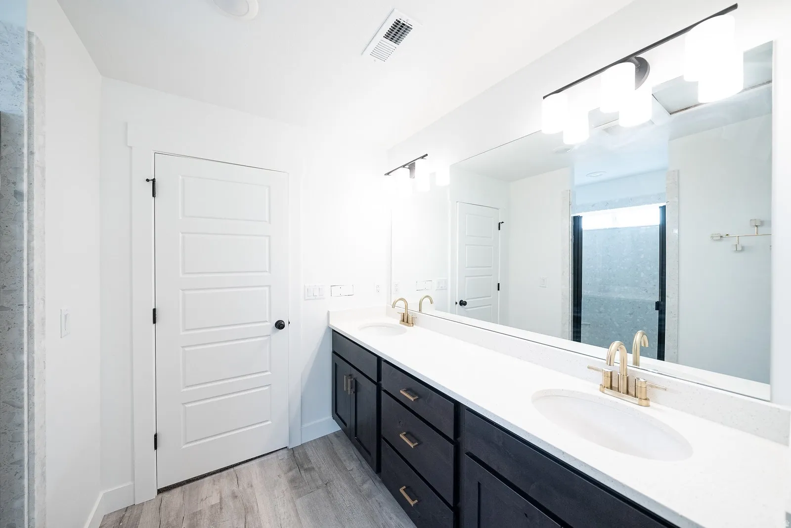 Bathroom with double vanity, light wood-type flooring, and a walk in shower