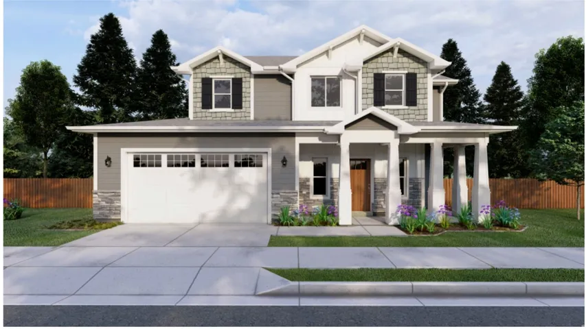 Craftsman inspired home featuring stone siding, concrete driveway, a porch, and a garage