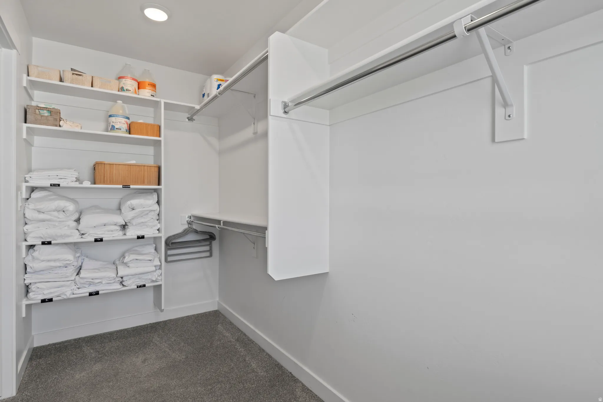 Walk in closet with dark colored carpet