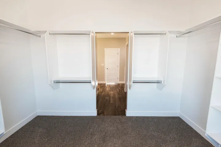 Walk in closet with dark colored carpet