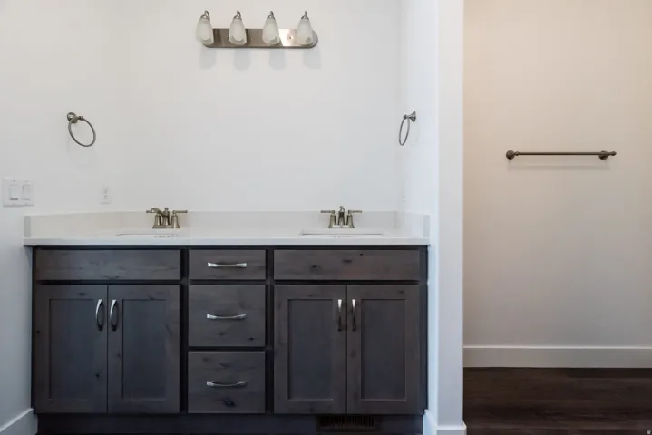 Bathroom featuring double vanity and dark wood-type flooring