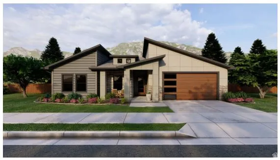 Contemporary house featuring an attached garage, driveway, and stone siding