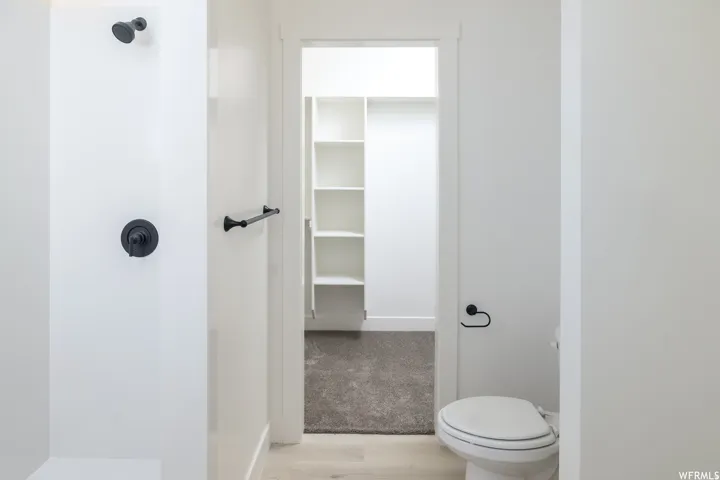 Full bathroom featuring a walk in shower, light wood-type flooring, a walk in closet, and light colored carpet