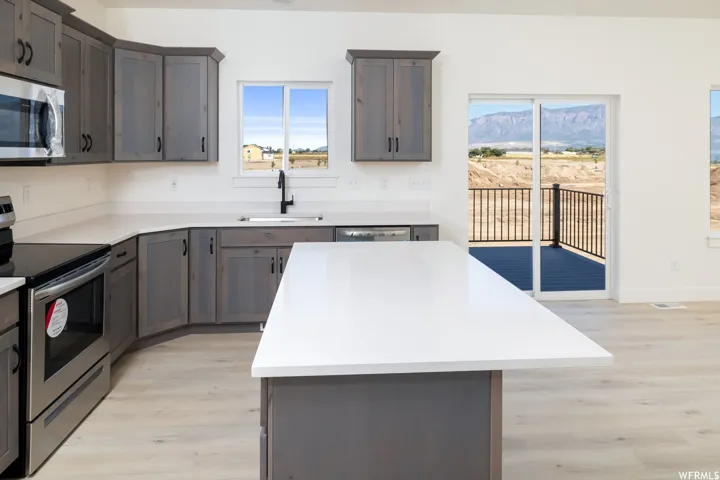 Kitchen with stainless steel appliances, light wood-style floors, dark wood finish cabinetry, and a kitchen island