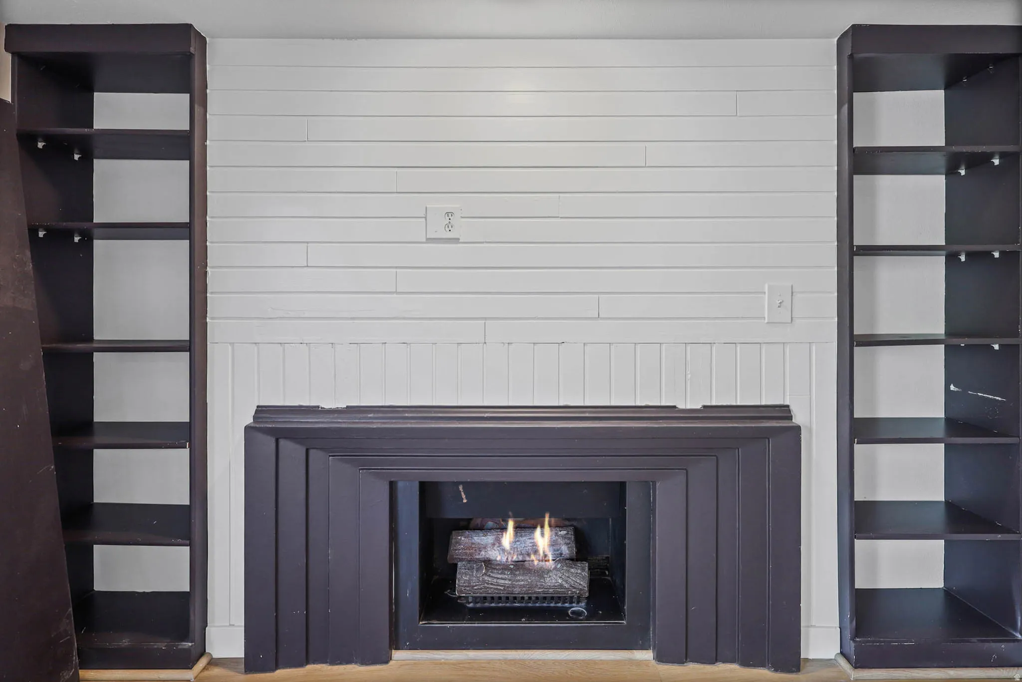 Detailed view of a lit fireplace