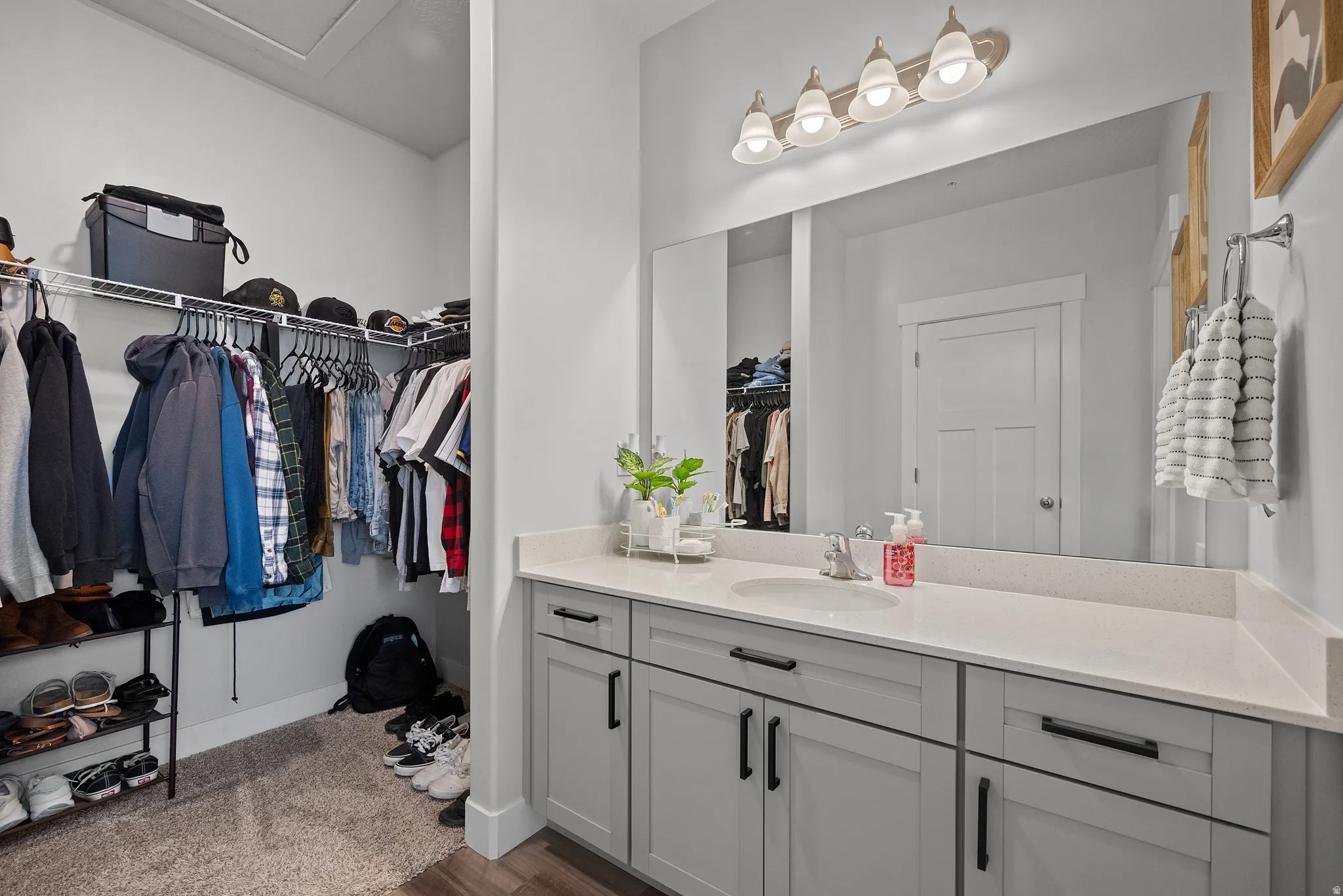 Full bath featuring vanity, a spacious closet, and dark wood-type flooring