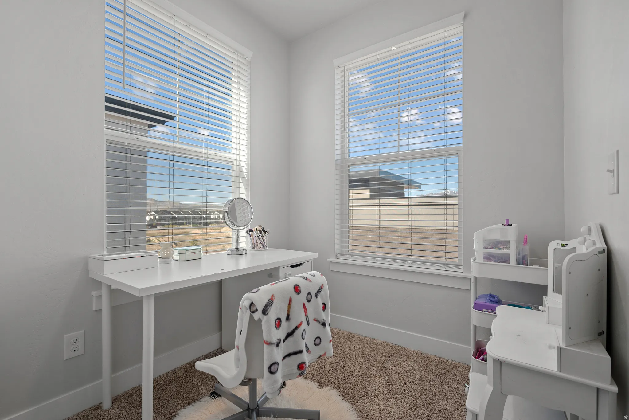 Office area with light carpet and plenty of natural light