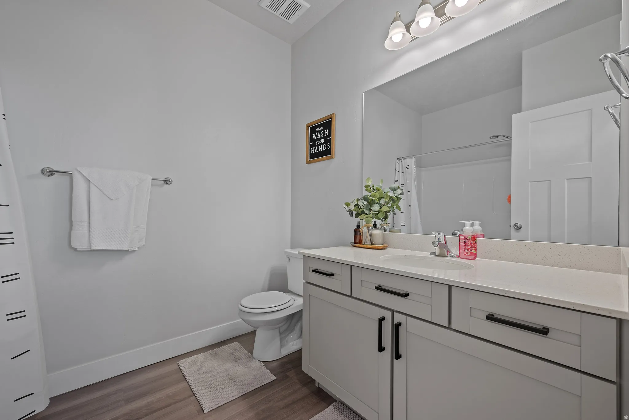 Full bath featuring vanity, dark wood-style flooring, and a shower with shower curtain