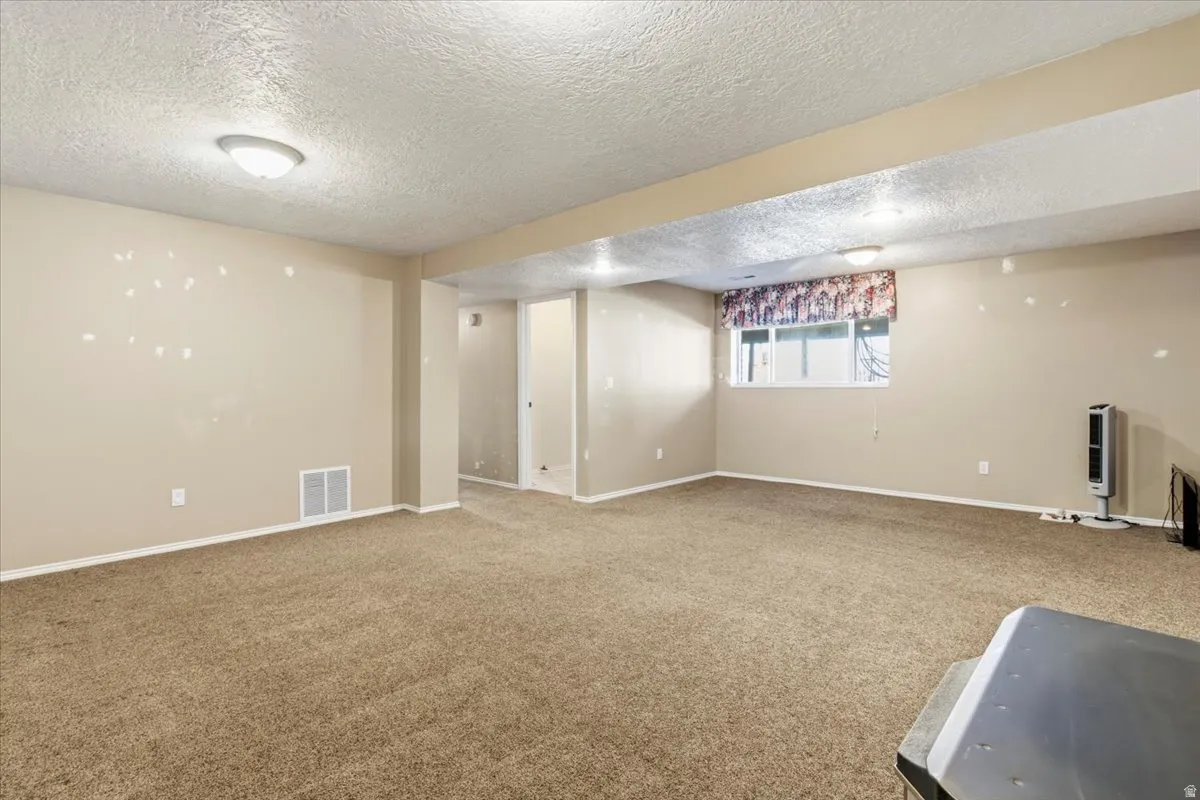 Below grade area featuring a textured ceiling and carpet flooring