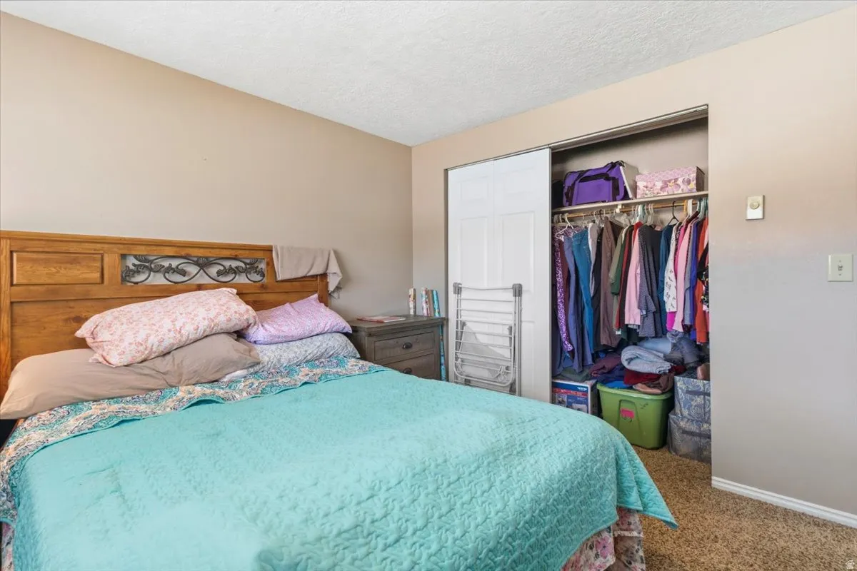 Carpeted bedroom featuring a closet and a textured ceiling