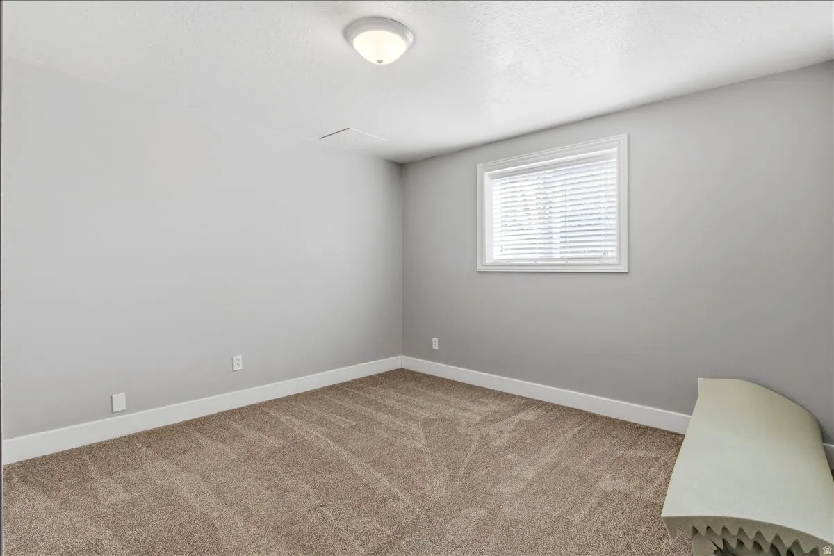 Unfurnished room featuring carpet floors and a textured ceiling