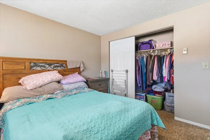 Carpeted bedroom featuring a closet and a textured ceiling