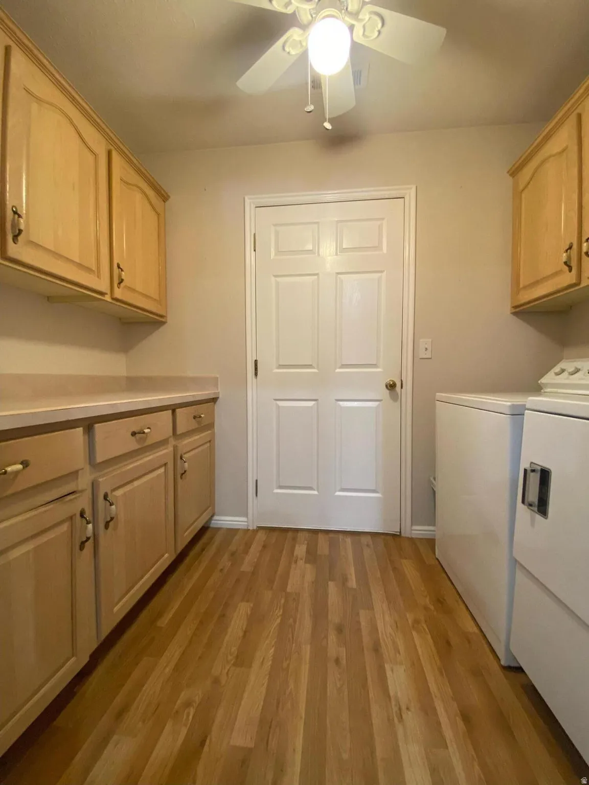 Utility space featuring wood-finish flooring, light wood cabinetry with brass hardware, and a white paneled door
