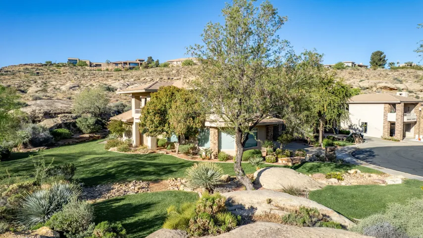 Obstructed view of property with a front yard and stucco siding
