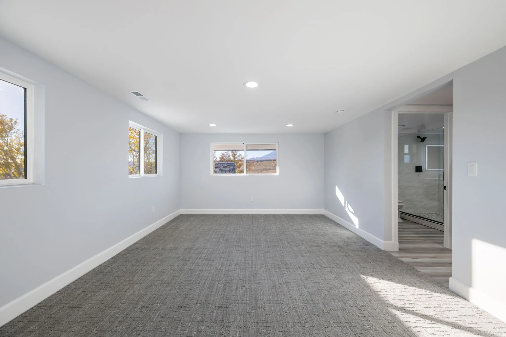 Carpeted spare room featuring baseboards and recessed lighting