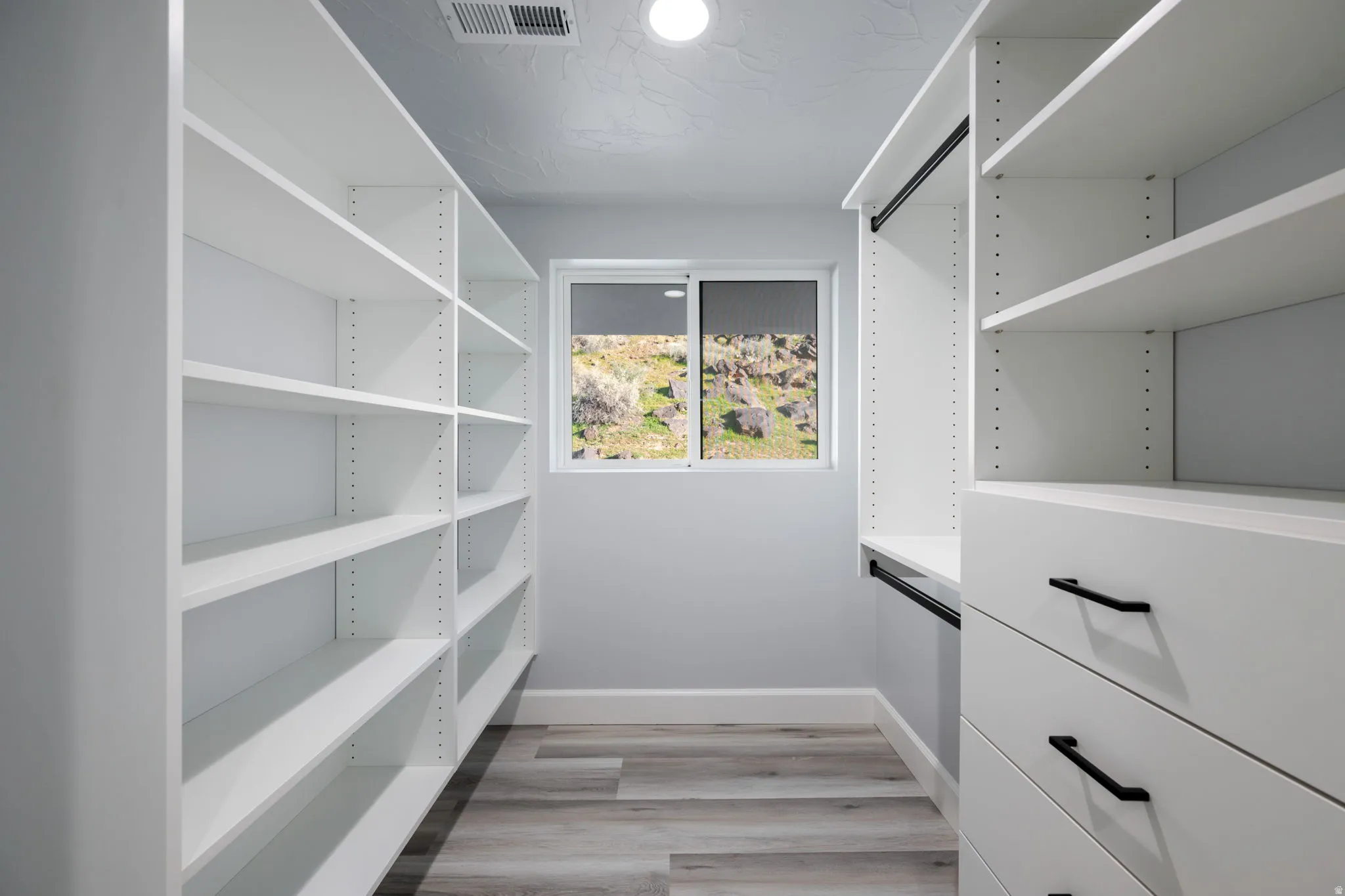 Walk in closet with light wood finished floors