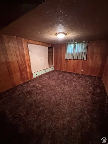 Below grade area with wood walls and carpet flooring