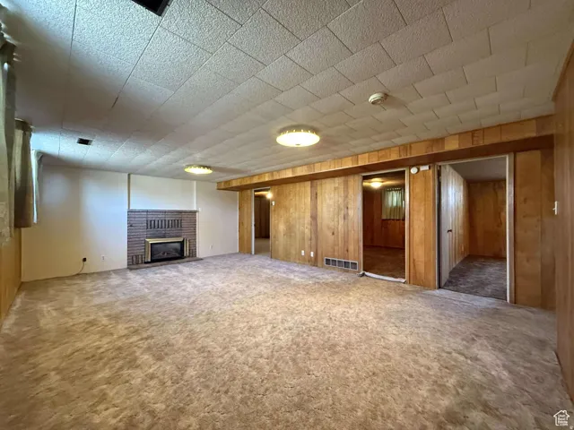 Finished below grade area with a glass covered fireplace, carpet, and wooden walls