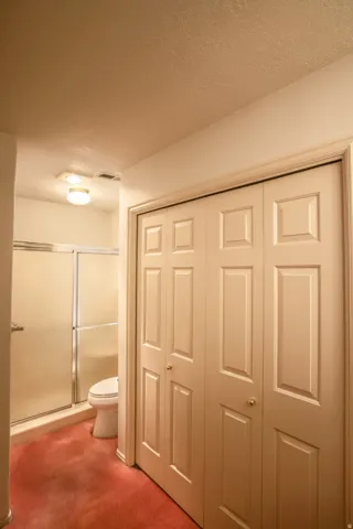 Full bath with a closet, a shower stall, carpet flooring, and a textured ceiling