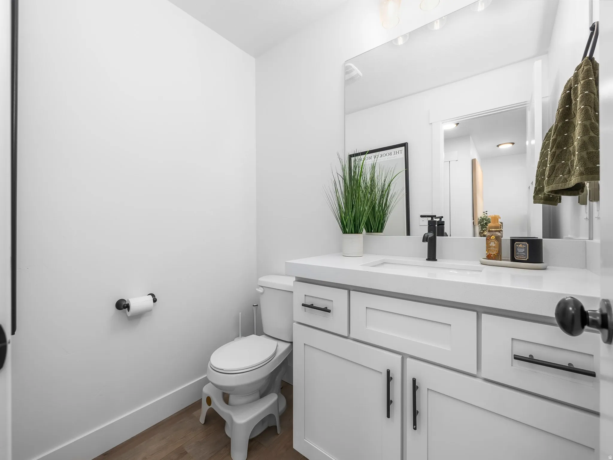 Half bathroom featuring vanity and dark wood-type flooring