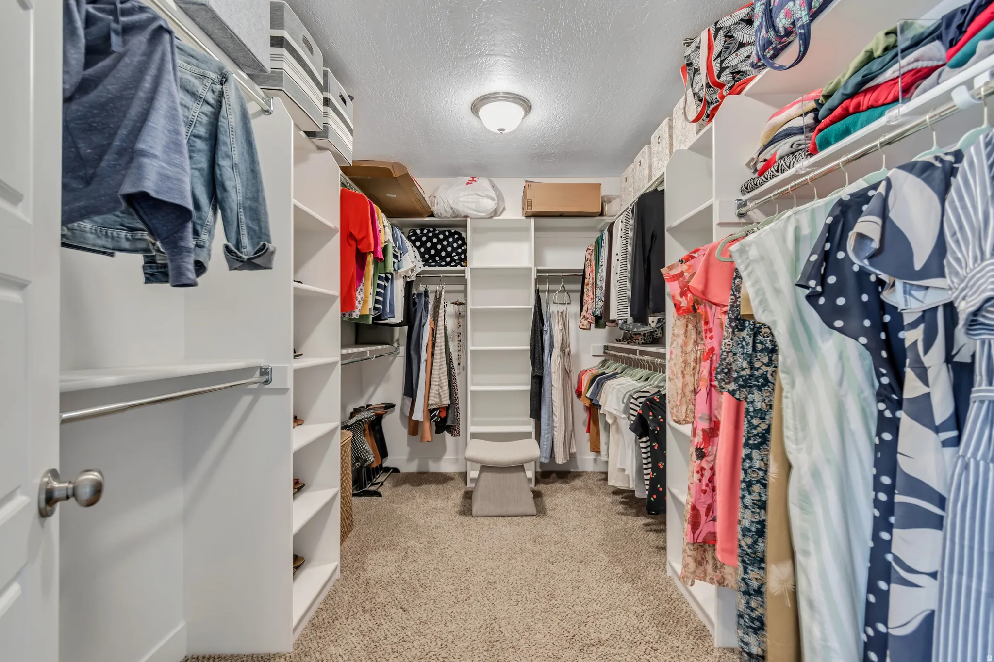 Walk in closet featuring light carpet