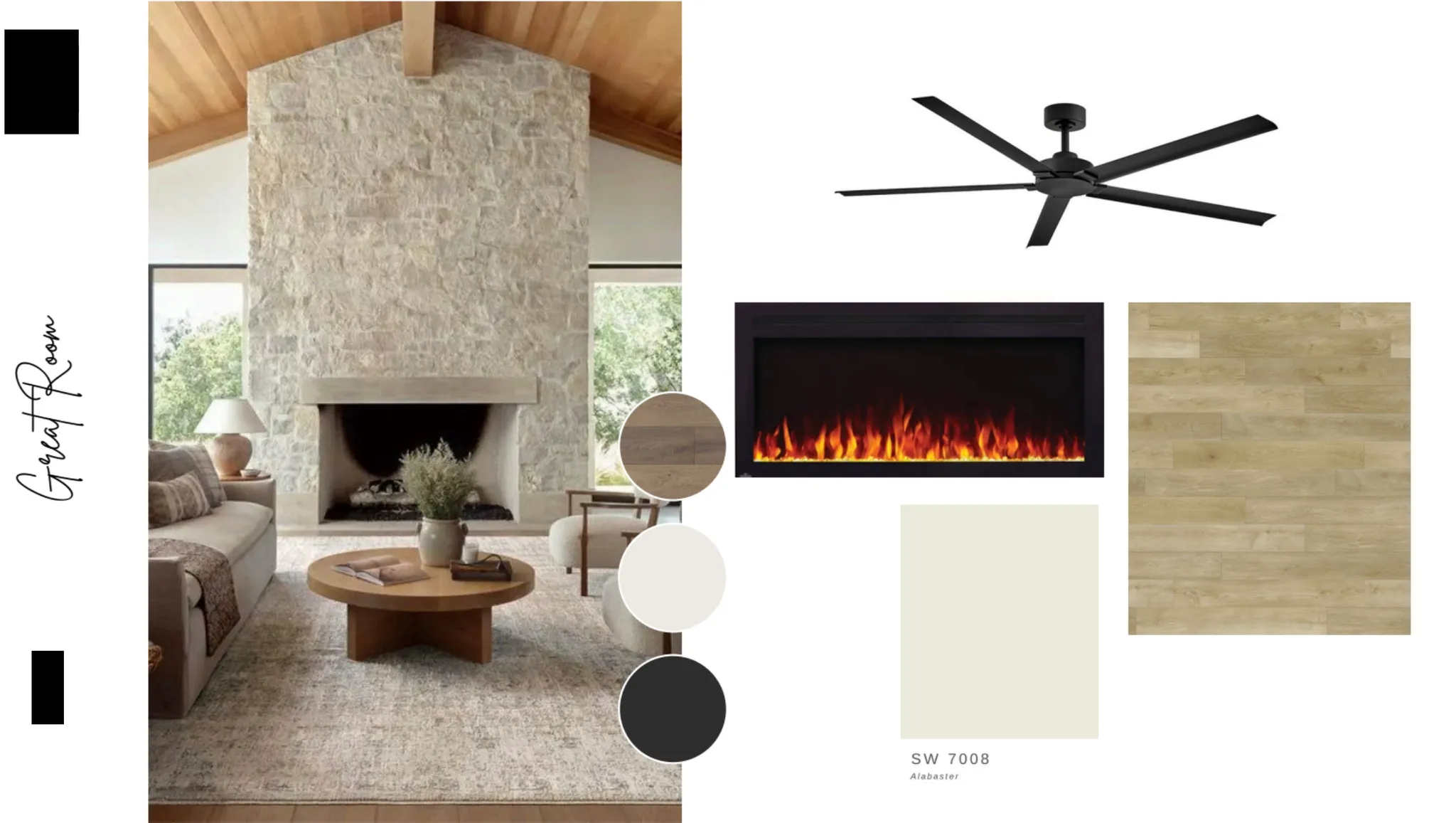 Living room featuring a fireplace, a high wood beamed ceiling, wood finished floors, and a ceiling fan