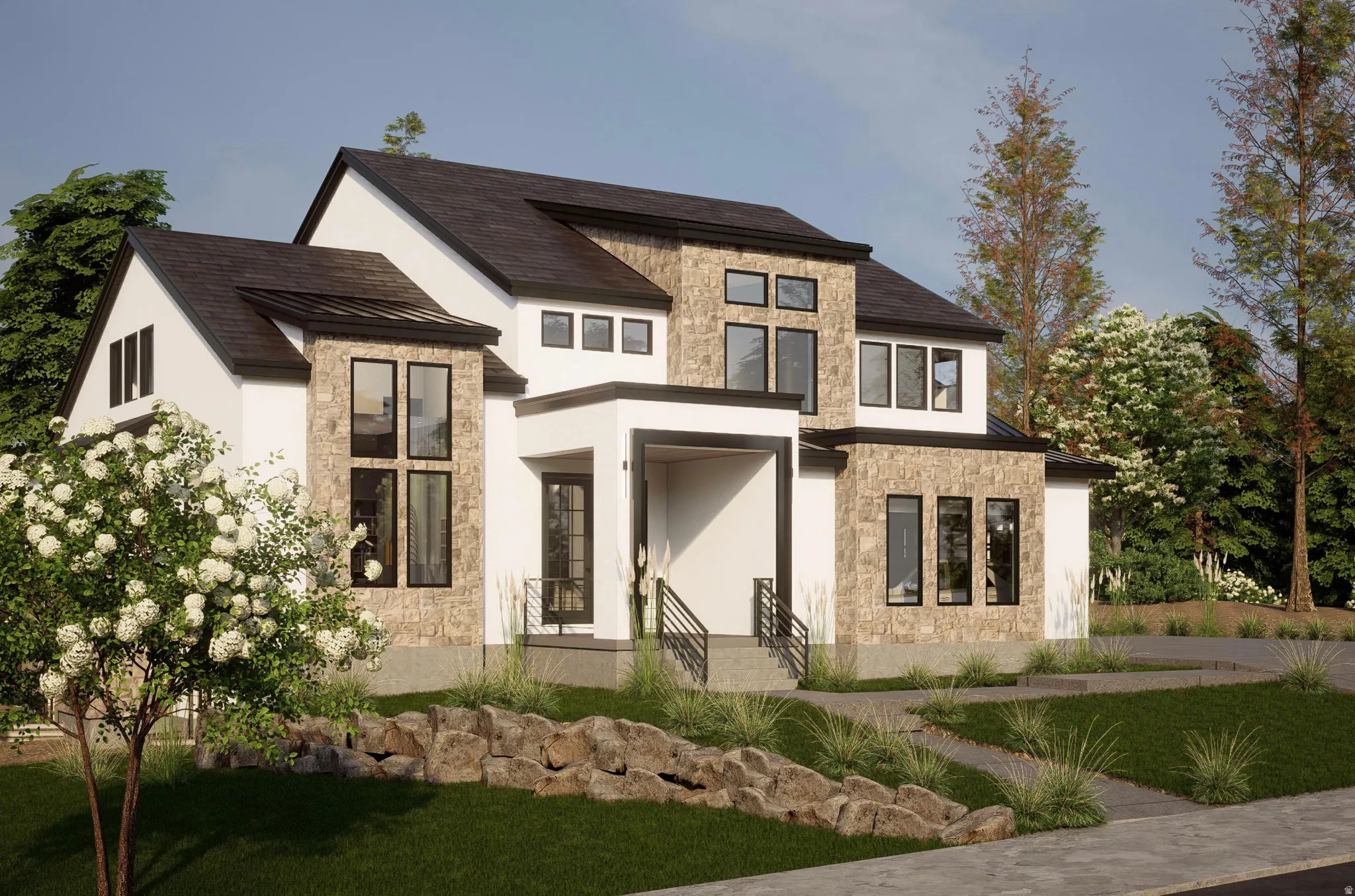 Contemporary house with stone siding, stucco siding, and a front yard