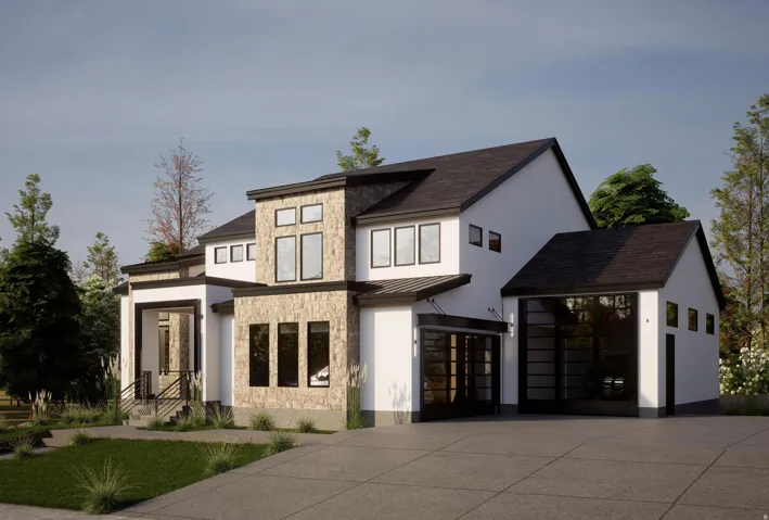 Contemporary house featuring stone siding, a standing seam roof, driveway, and stucco siding