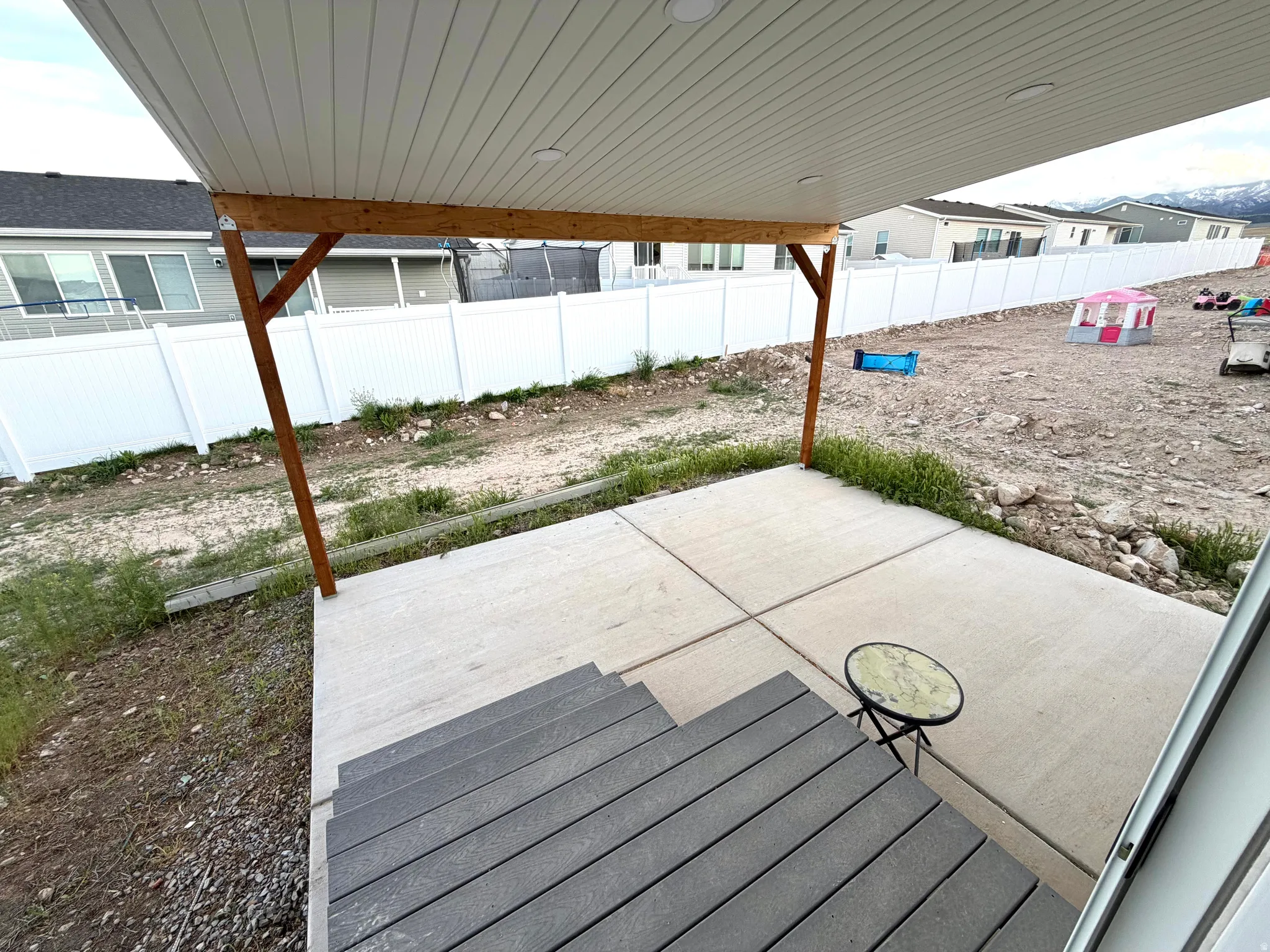 Fenced backyard featuring a patio