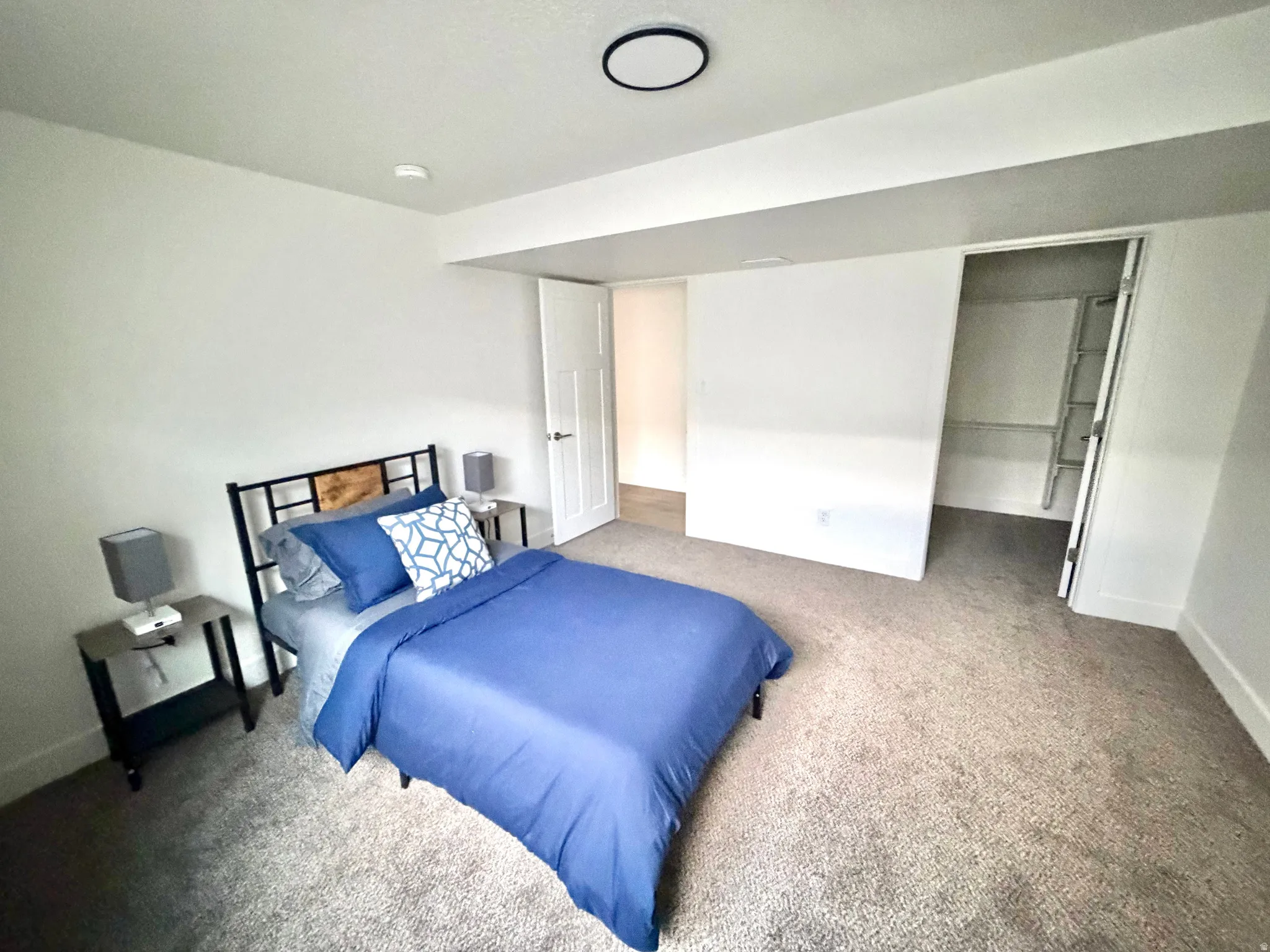 Carpeted bedroom with a spacious closet and baseboards