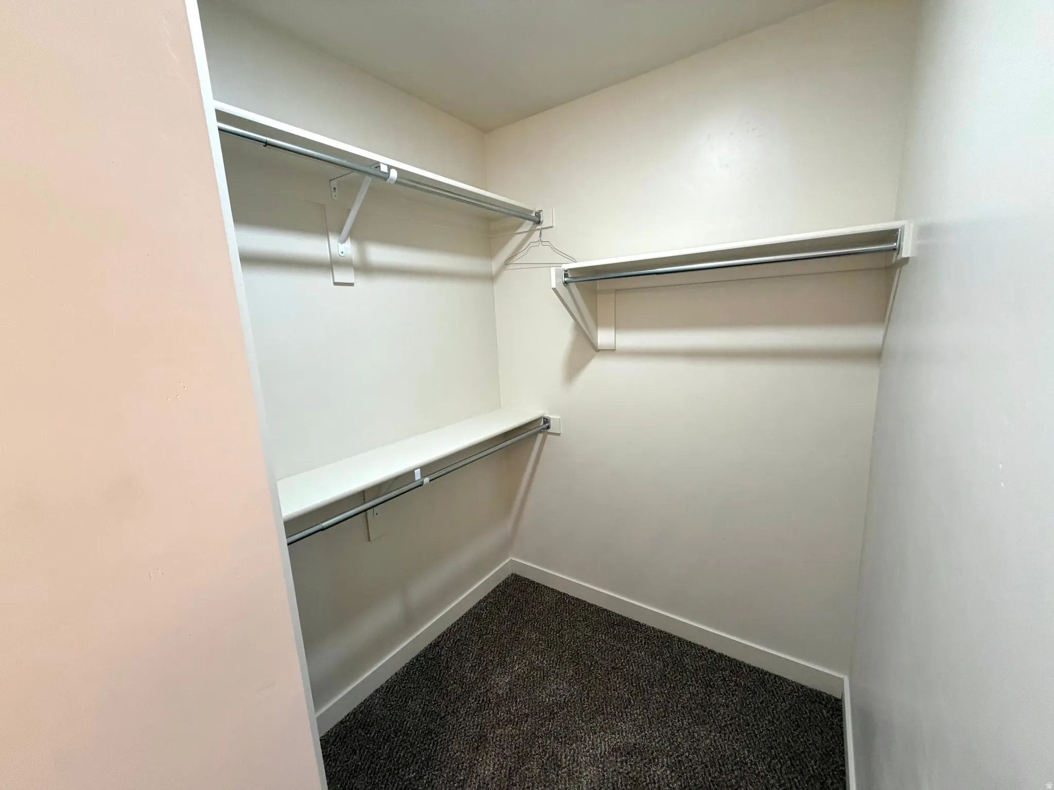 Walk in closet featuring dark carpet