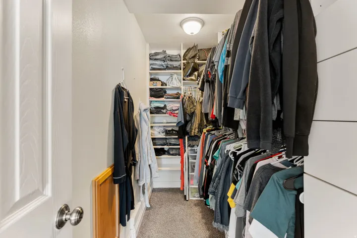 Walk in closet featuring light carpet