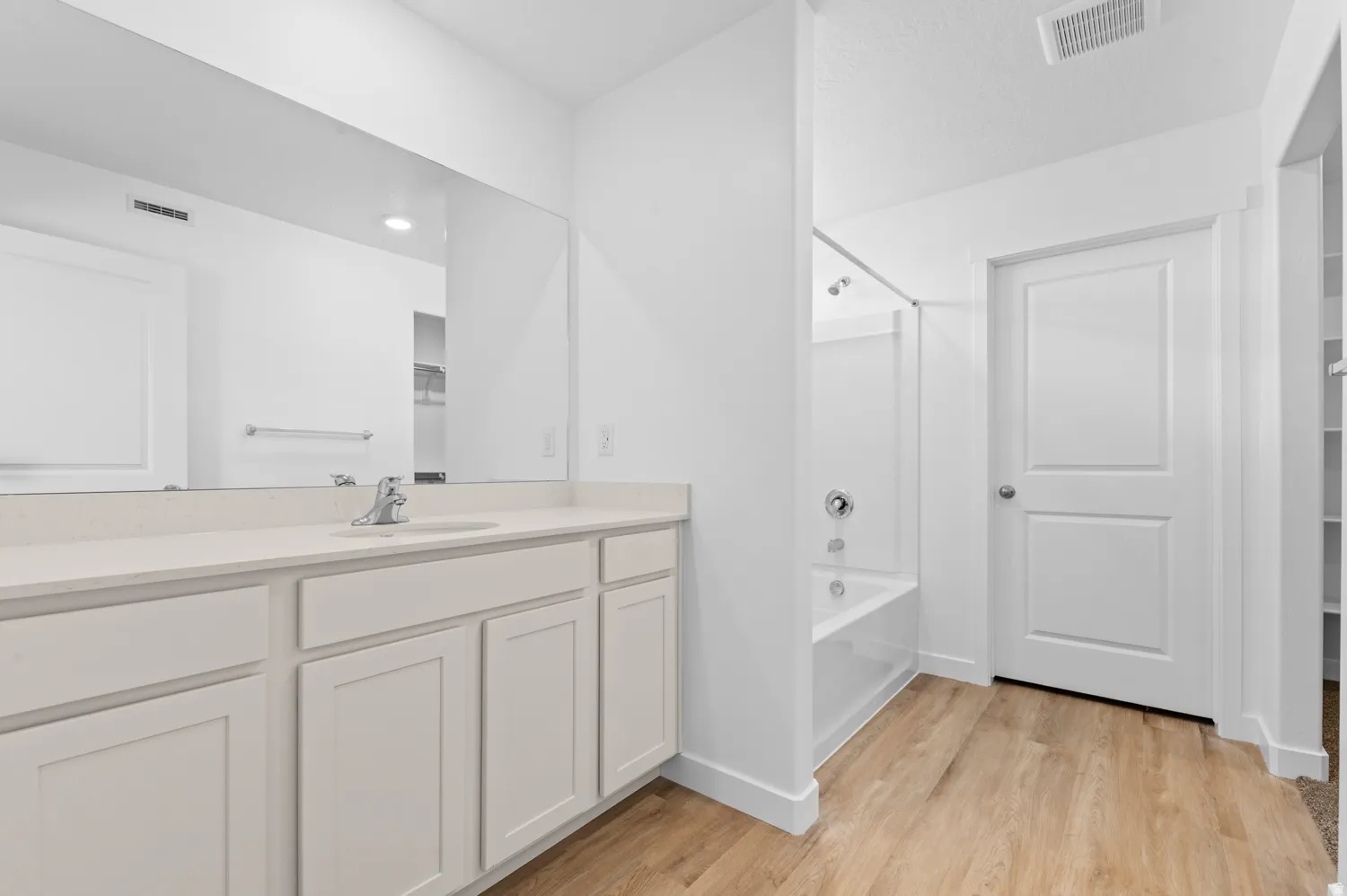 Bathroom with vanity, light wood finished floors, washtub / shower combination, and a spacious closet