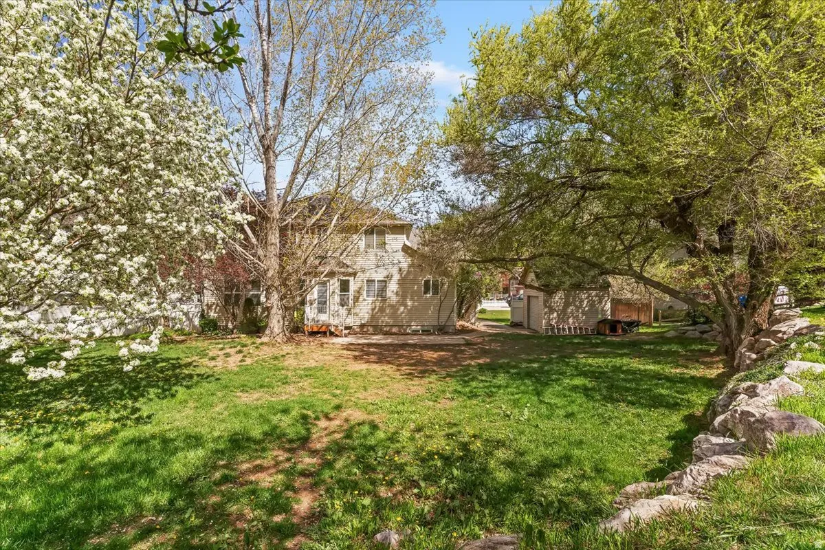 View of grassy yard featuring a storage unit