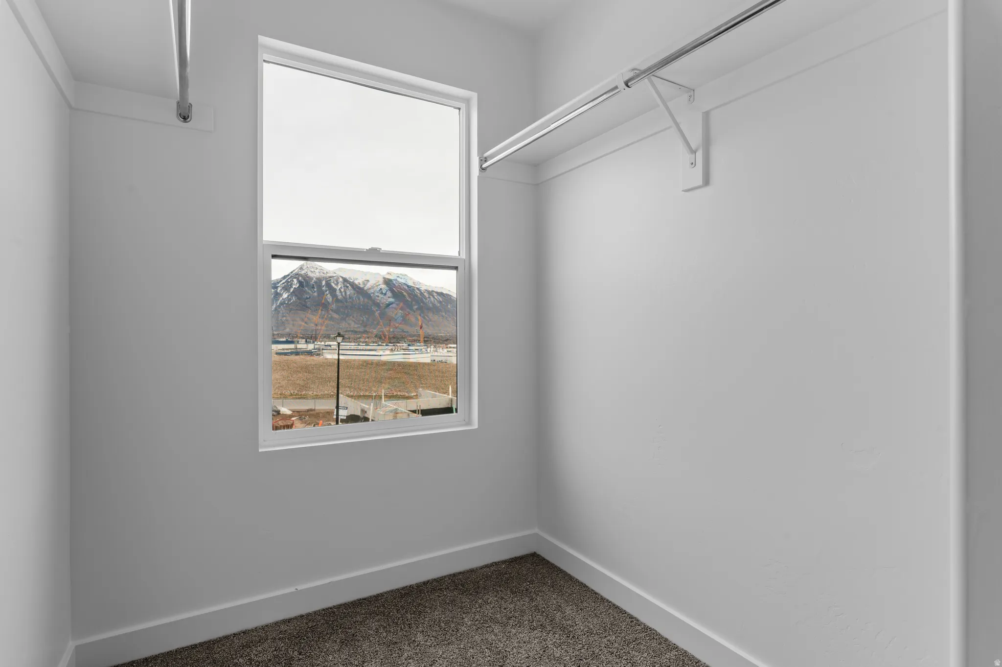 Walk in closet featuring dark colored carpet