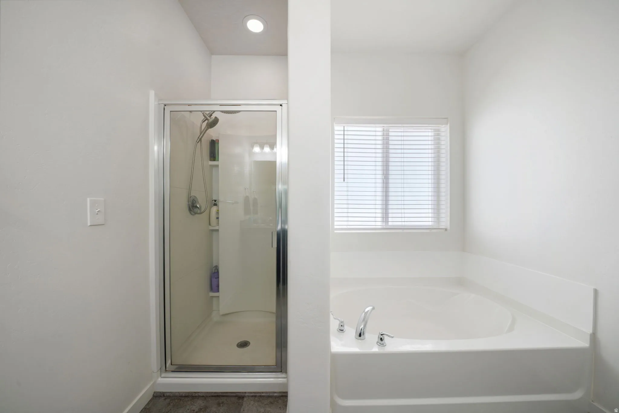Bathroom featuring a shower stall, a large bath tub, and recessed lighting