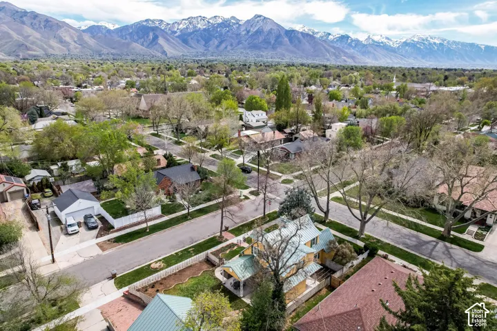 Aerial perspective of suburban area with a mountainous background
