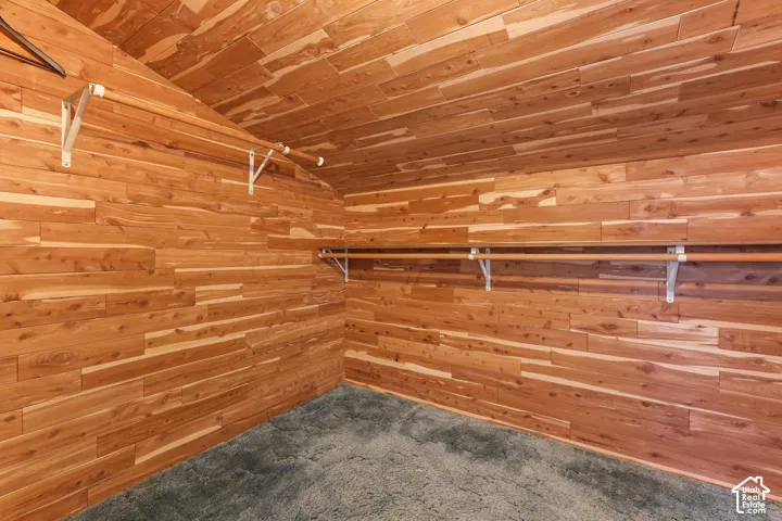Walk in closet featuring carpet flooring and vaulted ceiling