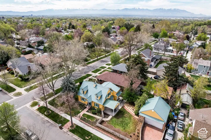 Aerial perspective of suburban area with mountains