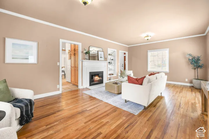 Living room featuring ornamental molding, light wood finished floors, a glass covered fireplace, and built in features