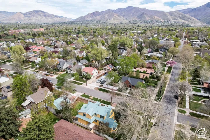 Aerial perspective of suburban area with mountains