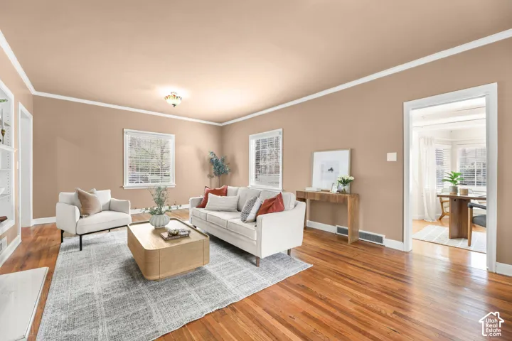 Living room with hardwood / wood-style flooring, ornamental molding, and plenty of natural light