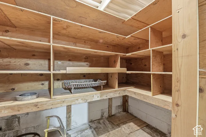 Extensive custom shelving constructed from plywood offers substantial storage capacity