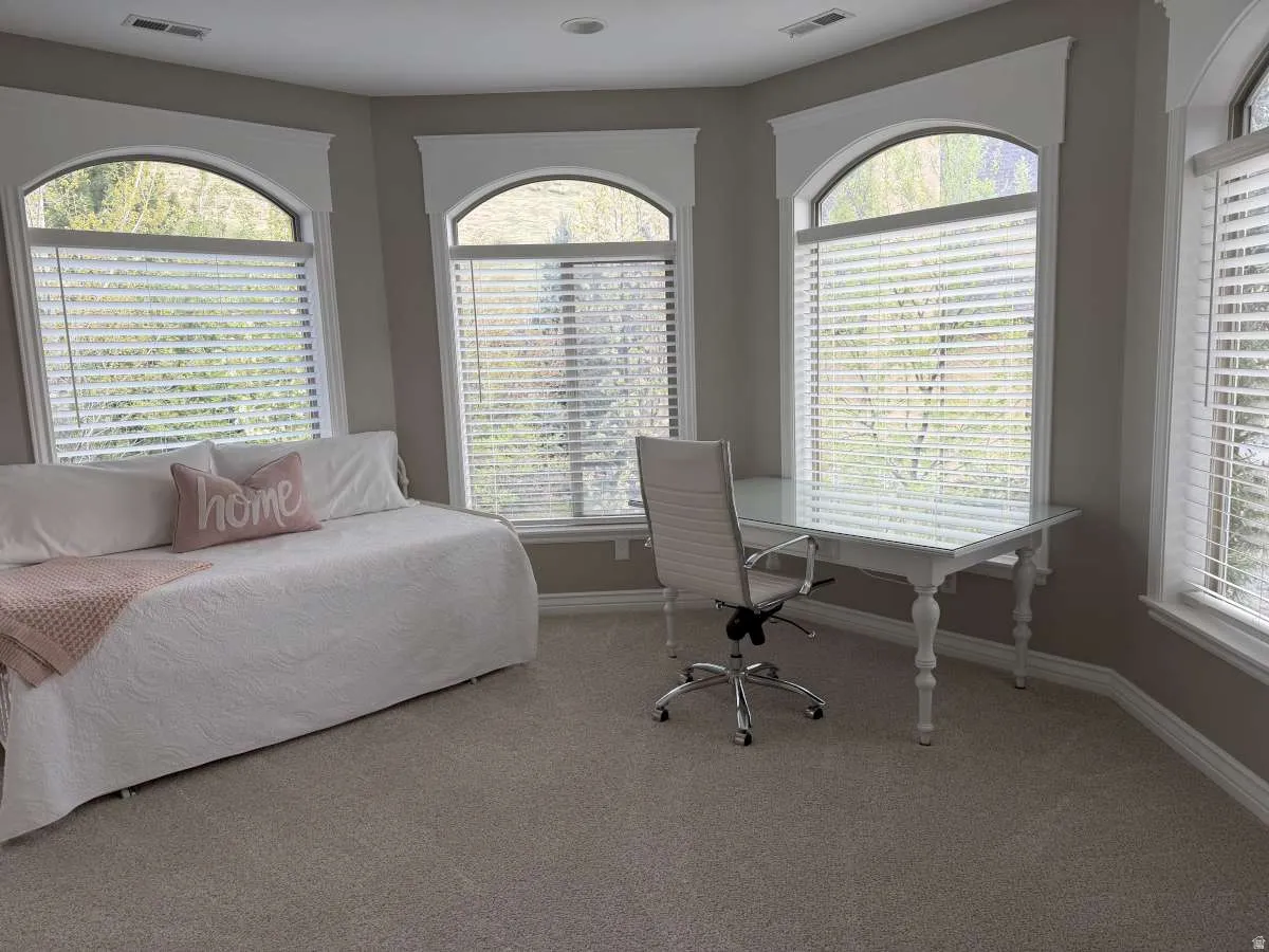 Bedroom with multiple windows and light carpet