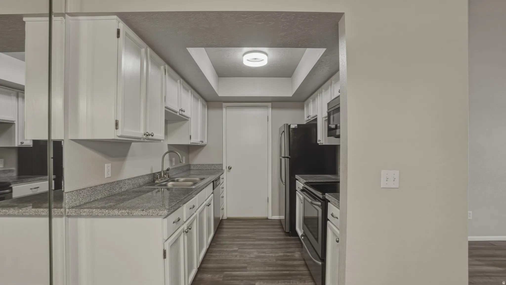 Kitchen featuring white cabinets, stainless steel appliances, a tray ceiling, dark wood finished floors, and dark stone countertops