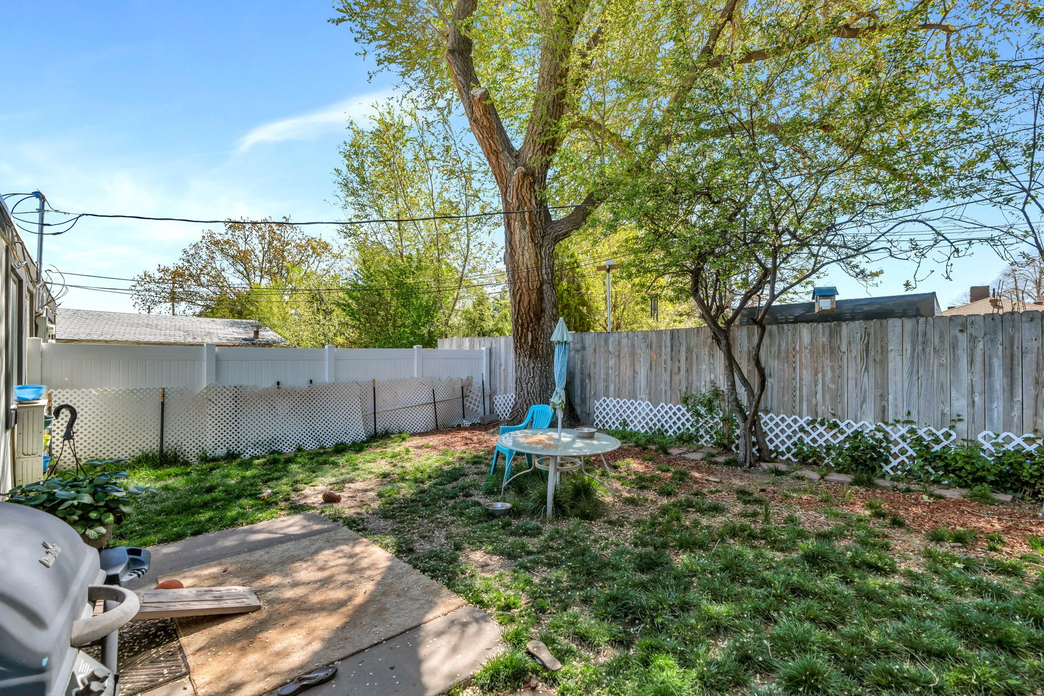Fenced backyard featuring a patio