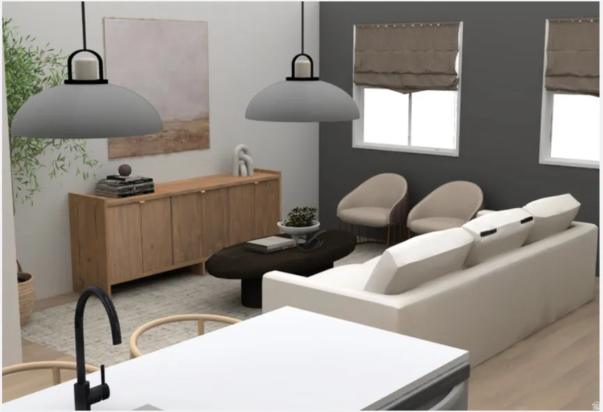Living area with light wood-type flooring