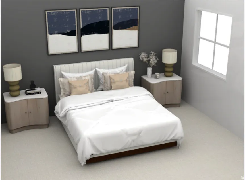 Bedroom with light colored carpet