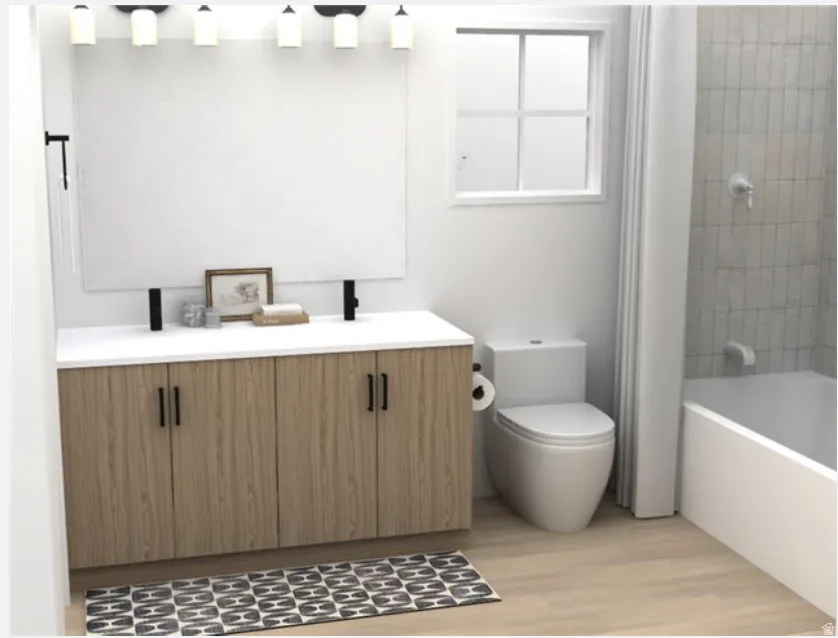 Full bath with vanity, light wood-type flooring, and tub / shower combination